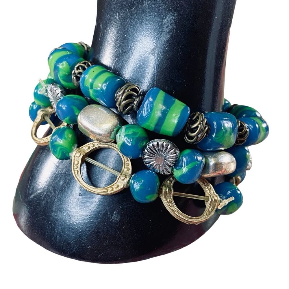 Blue Green Beaded Stretch Bracelet Set of 3 Handcrafted Multicolor OS Fits Most
